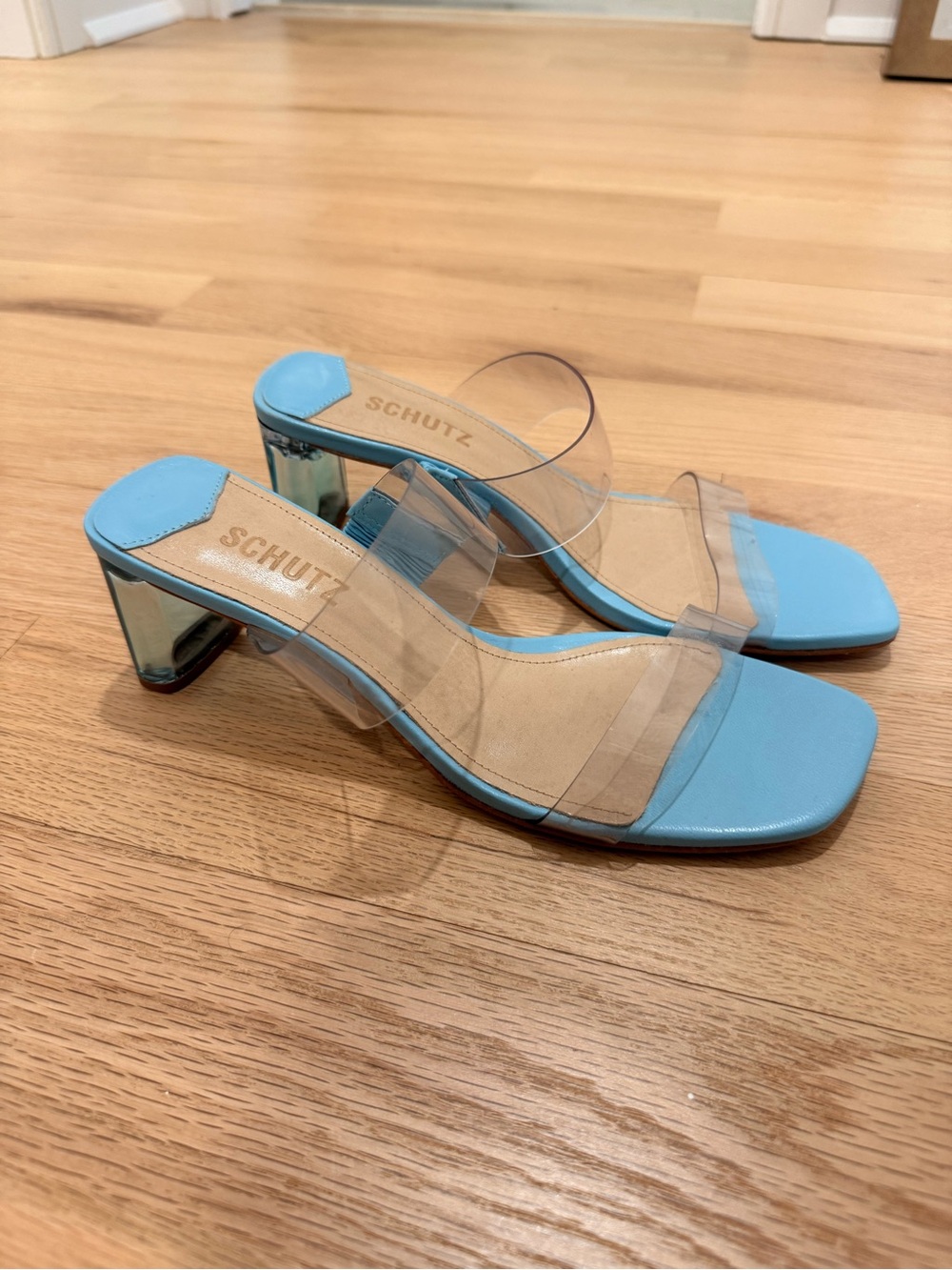 SCHUTZ Light Blue Clear-Strap Block Heel Sandals